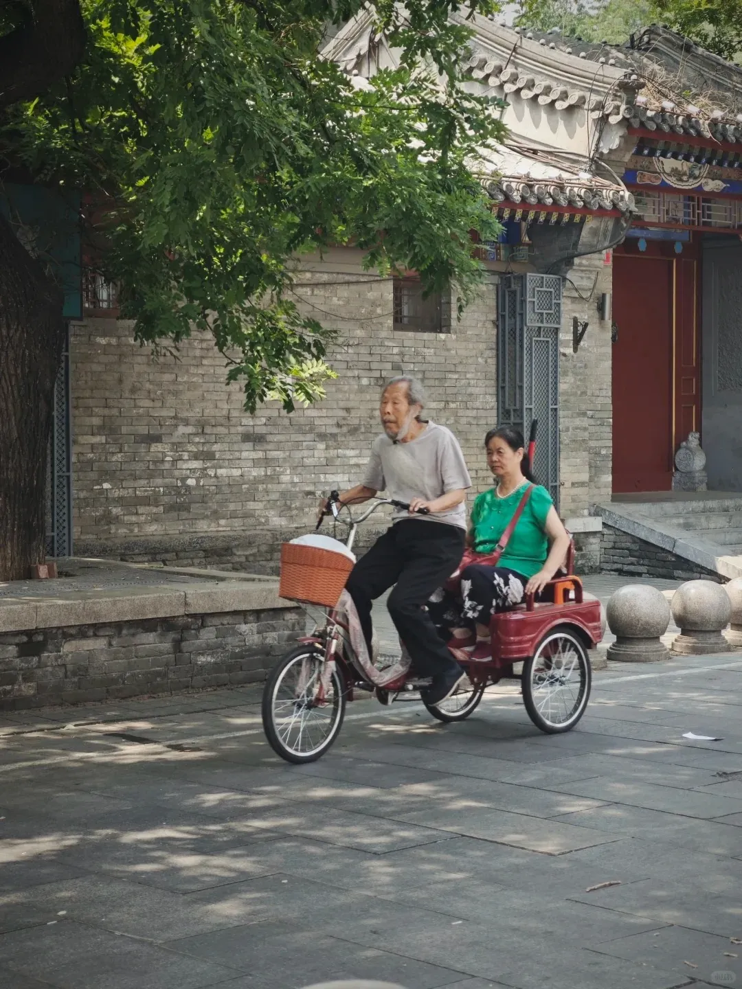 An elderly man with a grey beard pedals a red tricycle with a front wicker basket, carrying an elderly woman in a green shirt in the back seat. They ride down a grey paved Beijing hutong alley, flanked by a grey brick wall, traditional buildings with tiled roofs, and green foliage.