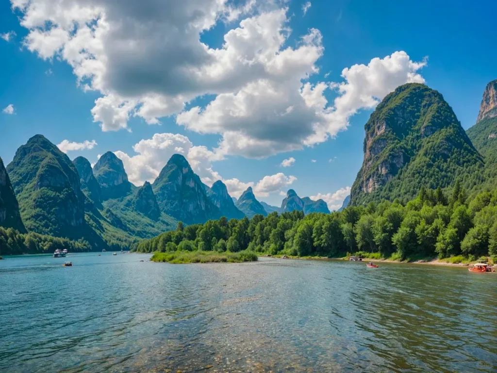 The Li River in Guilin, China, flowing past numerous steep, tree-covered karst limestone mountains under a bright blue sky with white clouds. Several tour boats and smaller vessels are visible on the clear water, and dense green foliage covers the riverbanks and mountain bases.