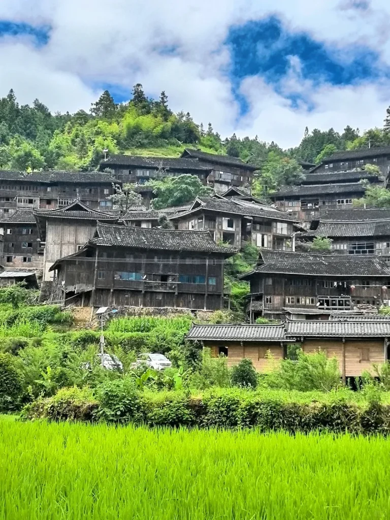 A traditional multi-tiered village featuring dark wooden houses with tiled roofs, built into a lush green hillside. Vibrant green rice paddies fill the immediate foreground, and dense trees cover the upper slopes under a partly cloudy sky.