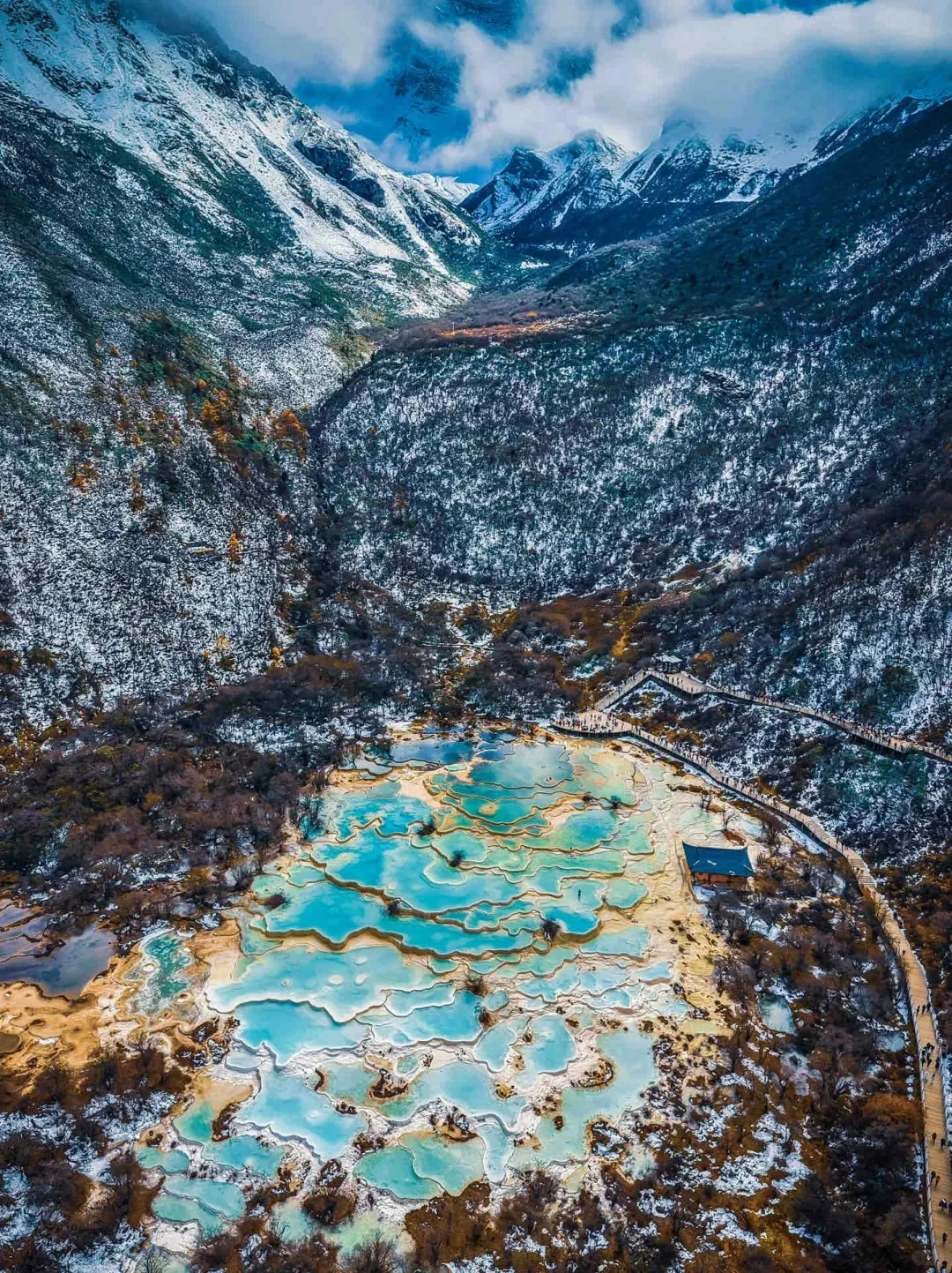 Aerial view of Huanglong Scenic Area in Sichuan, China, showcasing stunning terraced turquoise and yellow travertine pools surrounded by snow-dusted trees. Majestic snow-capped mountains rise in the background, with wooden boardwalks winding alongside the pools and up the snowy slopes, dotted with visitors.