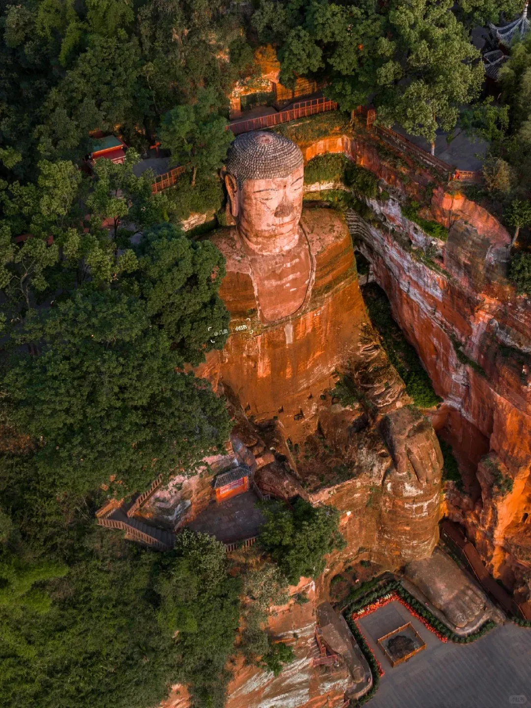 Aerial view of the colossal Leshan Giant Buddha carved into a towering red sandstone cliff. The ancient Buddha, surrounded by lush green trees at the top and left, features a serene expression and intricate details on its head and body. Terraced walkways and a small temple building are visible along the ancient cliff face, leading down to the base where the Buddha's large feet rest, emphasizing the immense scale of this historical site.