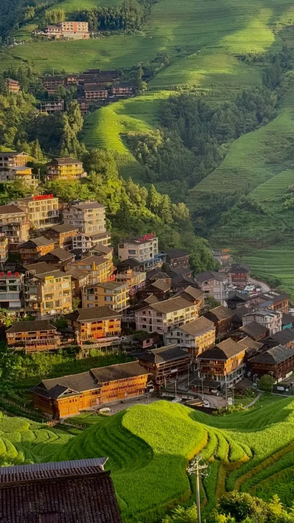 A panoramic view of the Longji Rice Terraces in Dazhai village, Guangxi, China, featuring lush green, winding paddies cascading down mountain slopes. Numerous traditional wooden minority houses and modern guesthouses are nestled within the terraces, illuminated by warm golden hour sunlight.