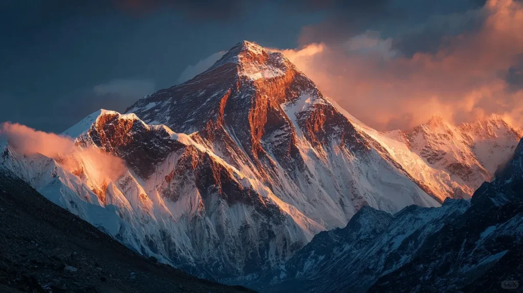 Mount Everest's snow-covered peak illuminated by golden and orange light during sunrise, with pink clouds around the summit and dark blue sky.