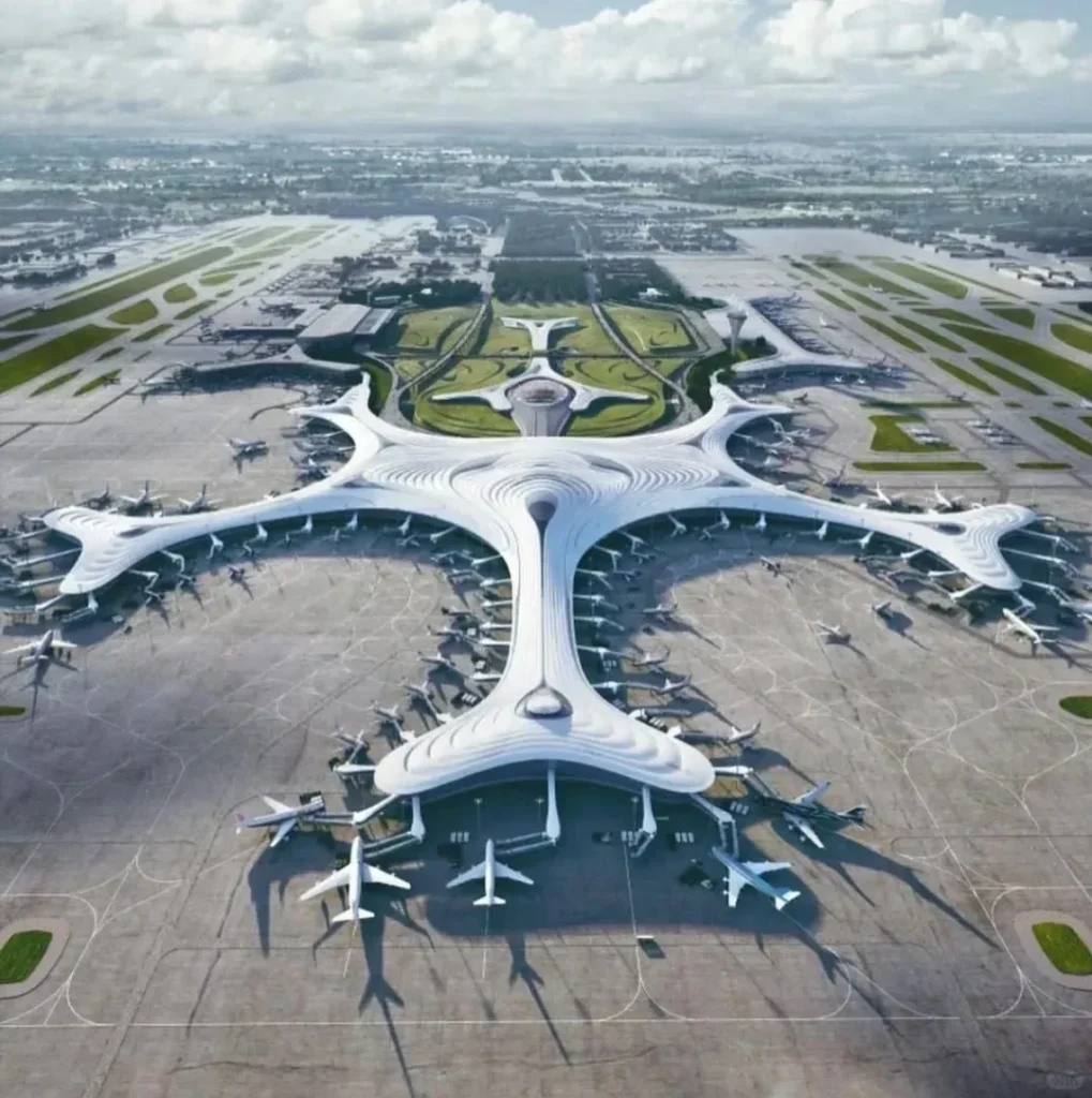 Aerial view of Chengdu Tianfu International Airport, featuring its large, modern, white, star-shaped terminal building with multiple radiating concourses, surrounded by numerous parked passenger airplanes on the tarmac. Runways, taxiways, and green areas are visible in the background under a partly cloudy sky.