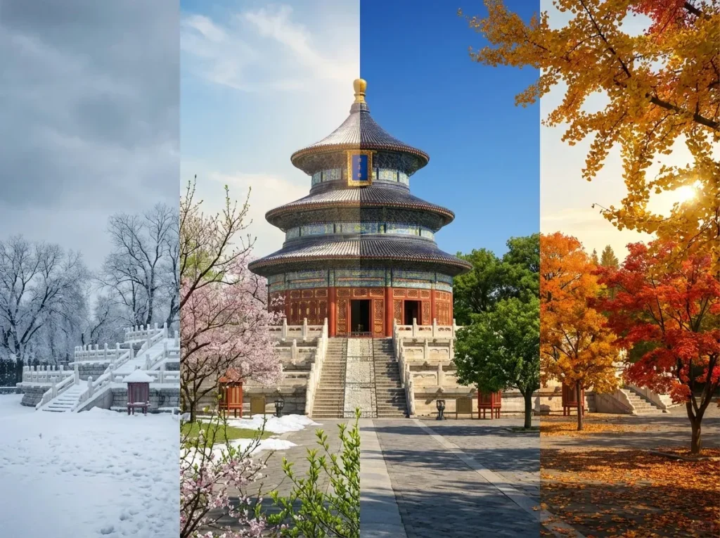 A composite image depicting the Hall of Prayer for Good Harvests at the Temple of Heaven in Beijing, China, across four distinct seasons. From left to right: snow-covered winter with bare trees and white ground; spring with cherry blossoms, melting snow, and budding greenery; lush green summer under a bright blue sky; and vibrant red and golden autumn foliage with fallen leaves on the ground.