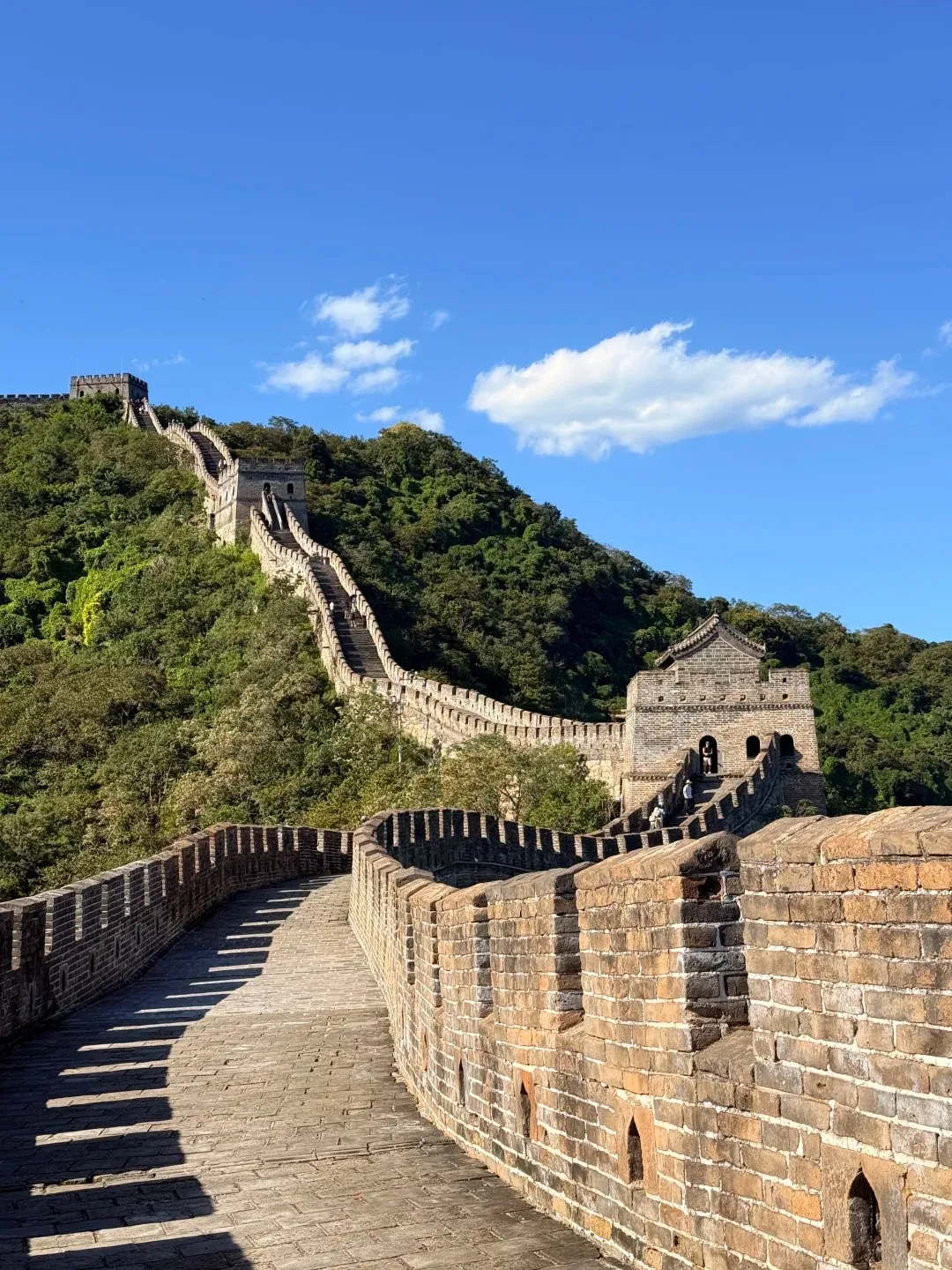 The Great Wall of China, a winding stone structure with watchtowers and crenellated walls, stretches across densely forested green mountains under a bright blue sky with sparse white clouds. A paved section of the wall is visible in the foreground, with a few people walking in the distance.