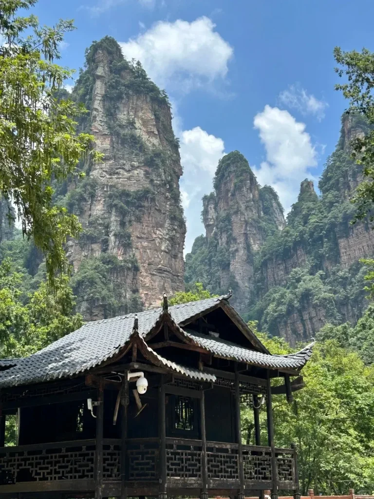 A dark wooden traditional Chinese-style pavilion with a gray tiled roof and ornate latticework railings in the foreground. In the background, towering, green-covered sandstone pillar mountains rise steeply against a clear blue sky with white clouds.