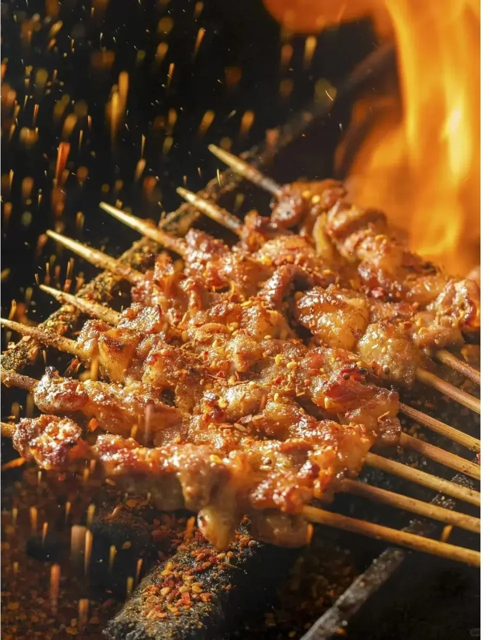 Close-up of multiple lamb skewers, seasoned with red chili flakes and cumin, grilling over hot coals with flames visible. Seasoning particles are suspended in the air above the skewers.