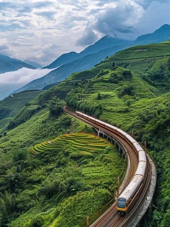 A white and yellow high-speed train travels on a curving concrete railway viaduct through lush green, terraced mountainsides. In the background, misty blue mountains rise under a cloudy sky.