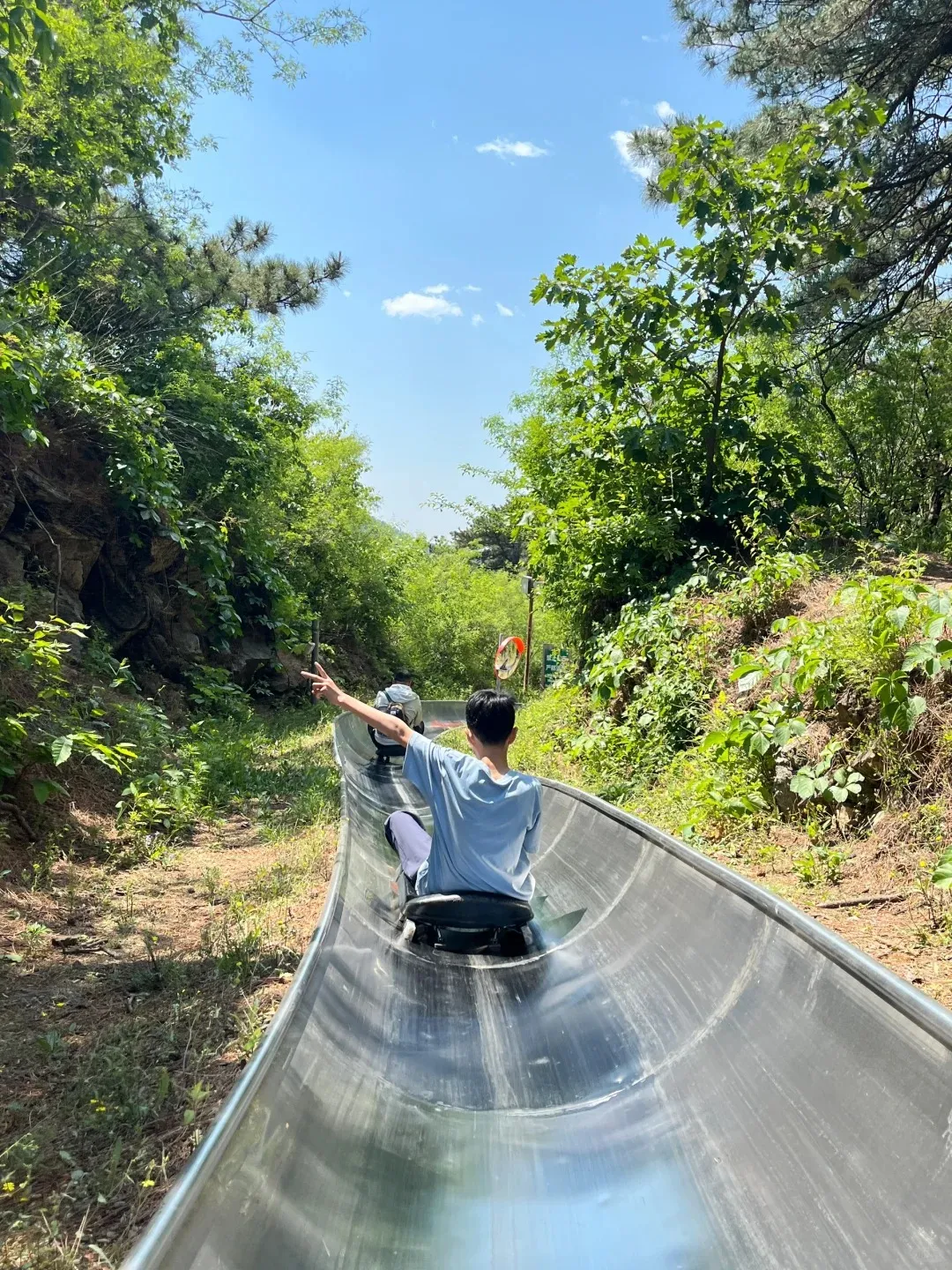 A person from behind rides a metal toboggan slide down a lush green forest path under a bright blue sky with scattered white clouds. Another toboggan is visible further down the track. The rider, wearing a light blue shirt, extends their right arm making a peace sign.