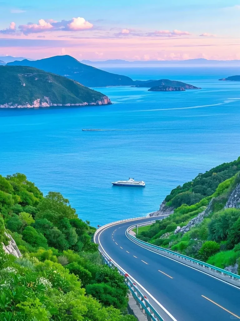 A winding asphalt coastal highway with green guardrails on a lush green hillside, overlooking a bright blue ocean with several green islands and a large white boat, under a light blue and pink sky.