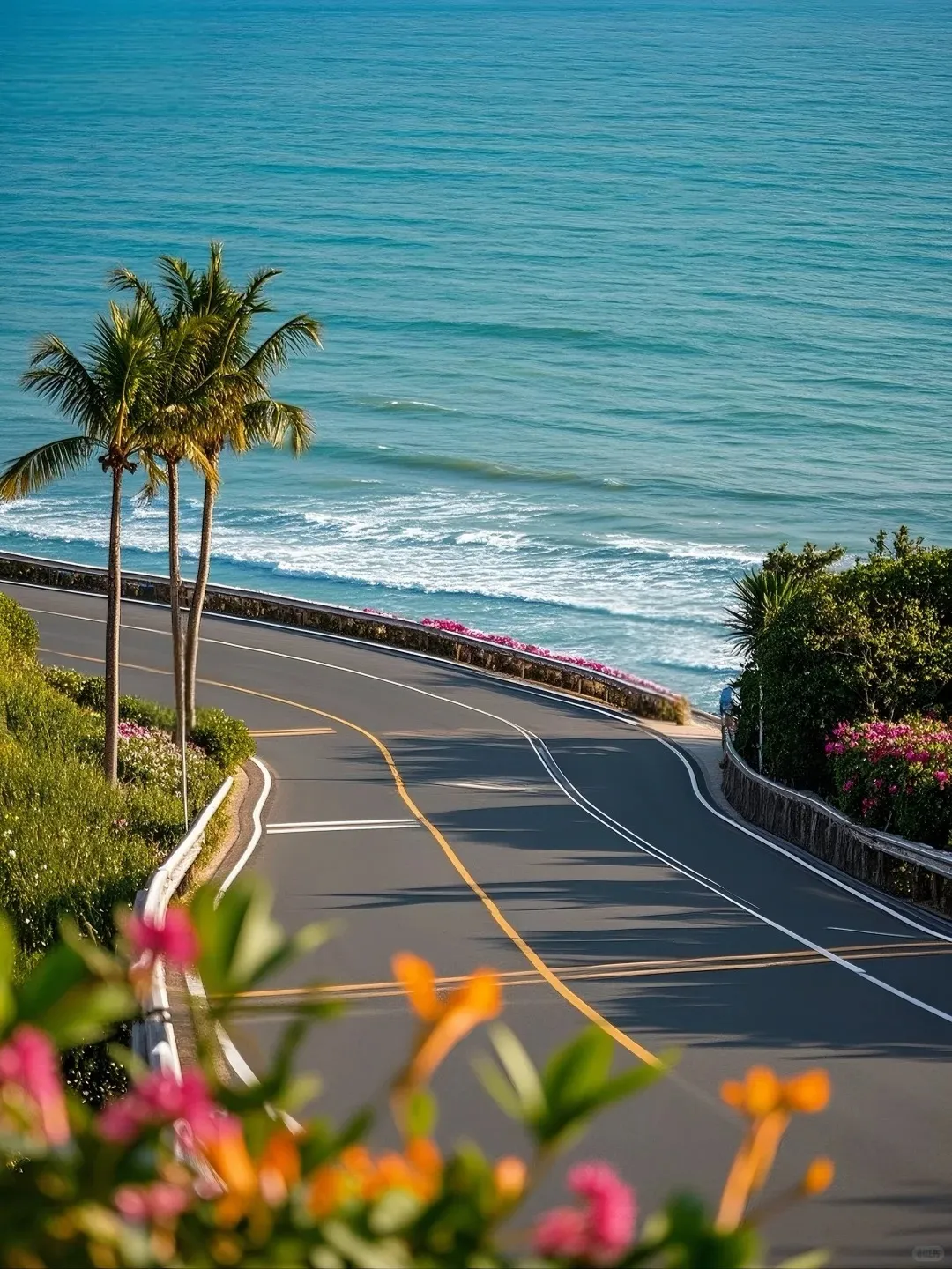 A high-angle view of a paved two-lane coastal road with a yellow centerline winding alongside a turquoise blue ocean. Palm trees and lush green vegetation with colorful pink and orange flowers line both sides of the road, with gentle waves breaking on the shore below.