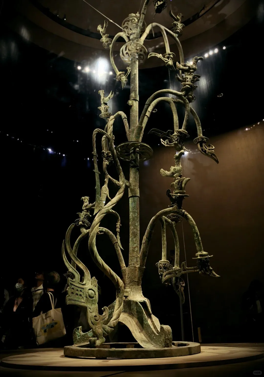 A large, ancient bronze sacred tree sculpture featuring a tall central trunk with multiple curved branches, each adorned with bird figures and stylized animal heads. A prominent dragon-like head forms part of the intricate base on the left, and the bronze exhibits a greenish-brown oxidized patina. It is displayed in a dimly lit museum hall with spotlights.