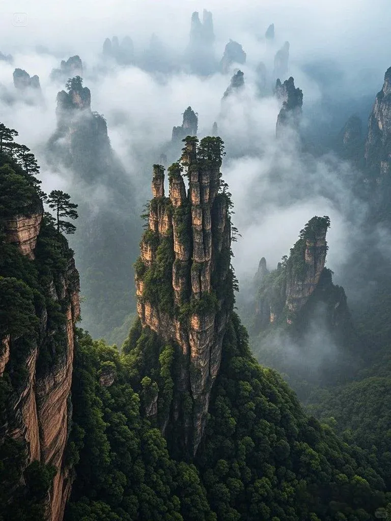 Towering, slender sandstone pillars, heavily covered in green trees, rise dramatically from a deep valley. Swirling white mist partially obscures the mid-ground and background pillars, creating a layered, ethereal effect. A steep, layered rock cliff with sparse trees is visible on the left foreground.