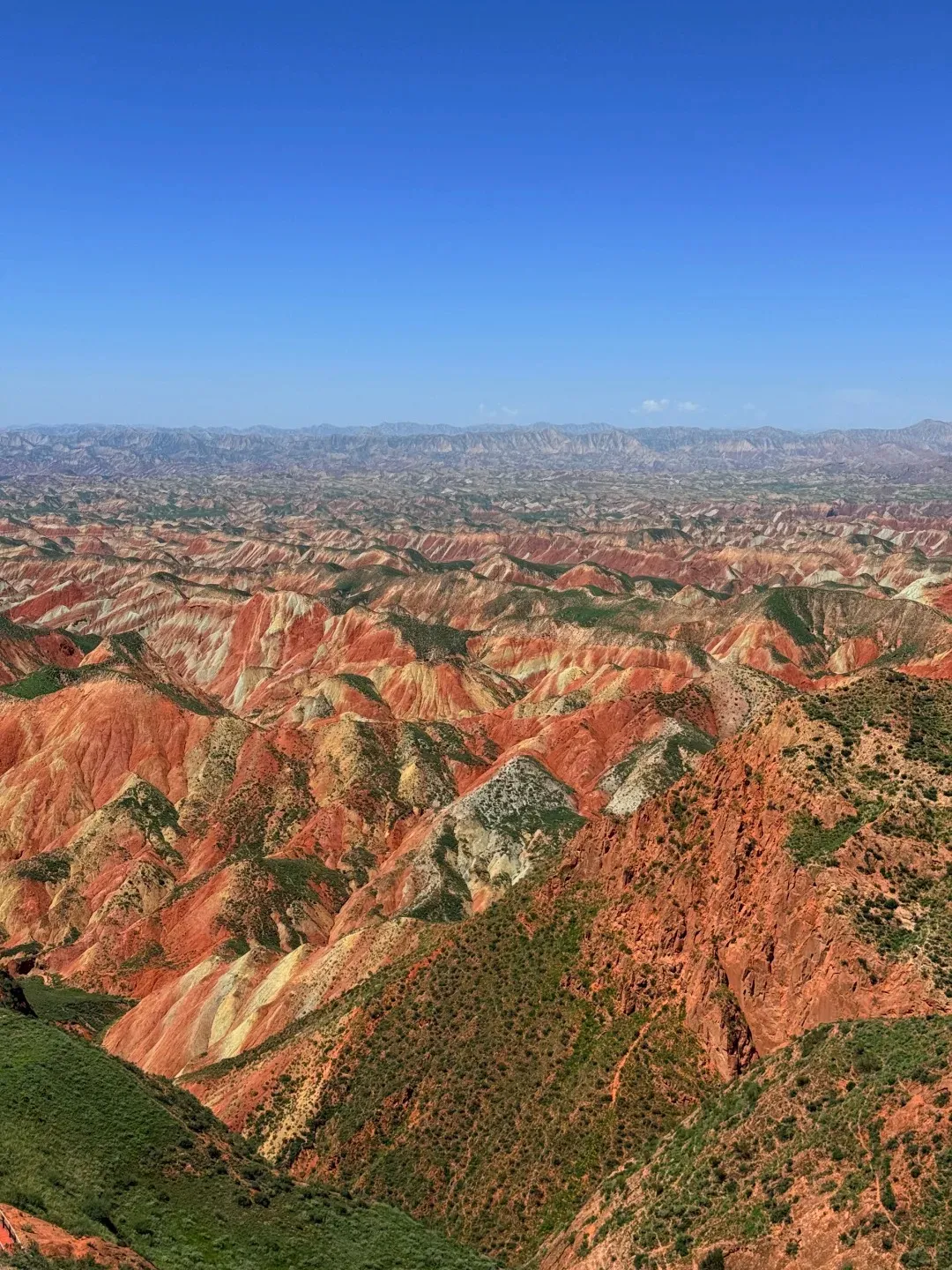 A wide panoramic view of the Zhangye Danxia Landform Geological Park, featuring countless rolling hills with distinct colorful stripes of red, orange, yellow, and white rock layers. Green vegetation covers some slopes in the foreground, and the landscape extends to distant, hazy mountains under a clear blue sky.