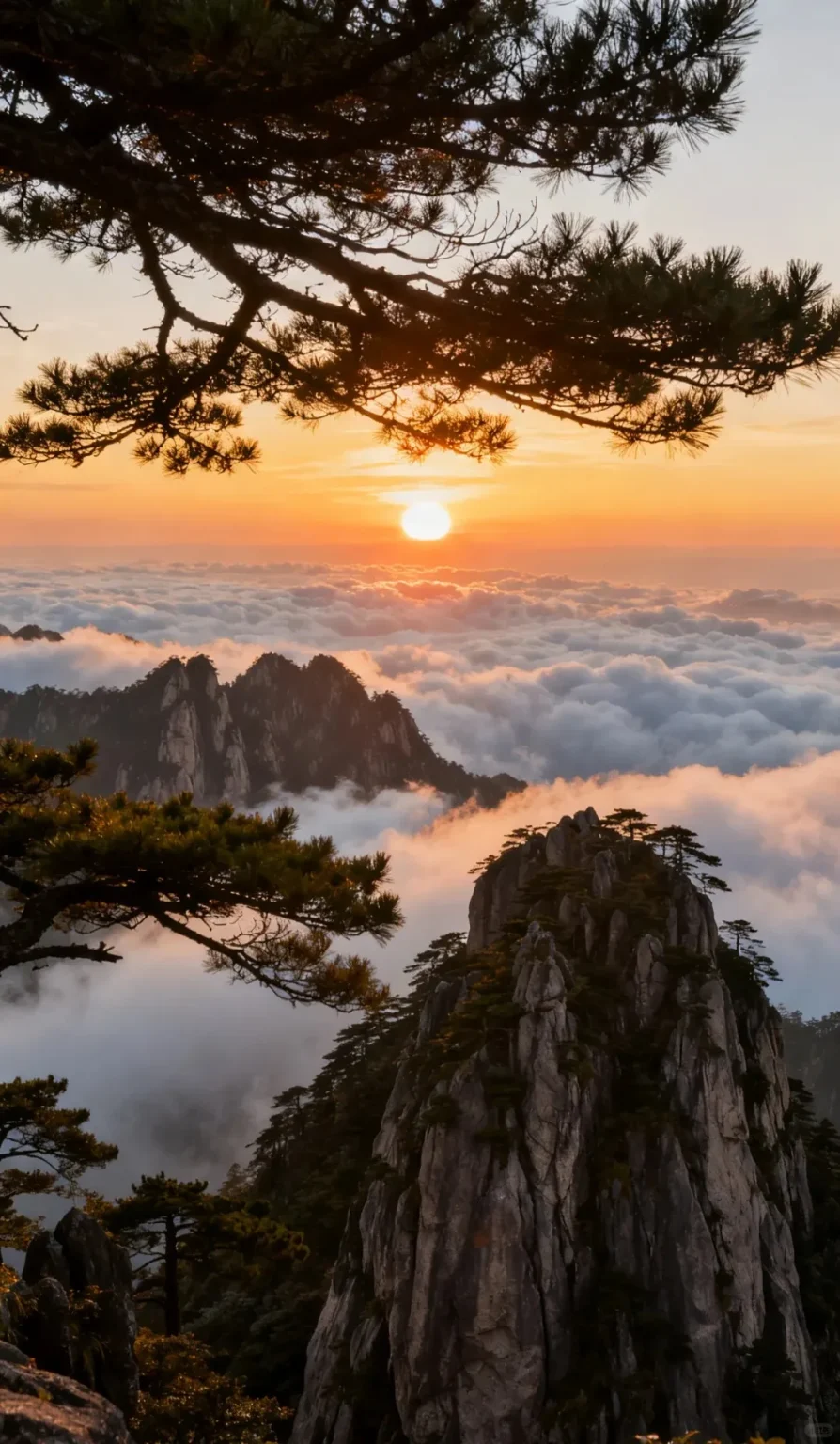 View of the jagged peaks of Wuzhishan mountain in Hainan, rising above a vast sea of white clouds. A bright orange sun is visible on the horizon, casting a warm light across the sky and clouds. Pine tree branches are silhouetted in the upper part of the image.
