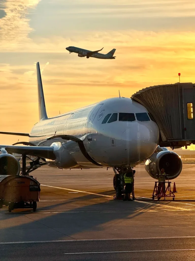 Two commercial airplanes at an airport during sunset. One large white plane is parked at a gate, connected to a jet bridge, with ground crew working near its engines and landing gear. In the background, another airplane is seen taking off, ascending into the vibrant orange and yellow sky.