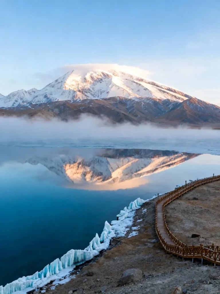 A tall, snow-capped mountain with a cloud resting on its sunlit peak is reflected in the calm, blue waters of a lake. Along the rocky shore in the foreground are blue ice formations and a curved wooden boardwalk.