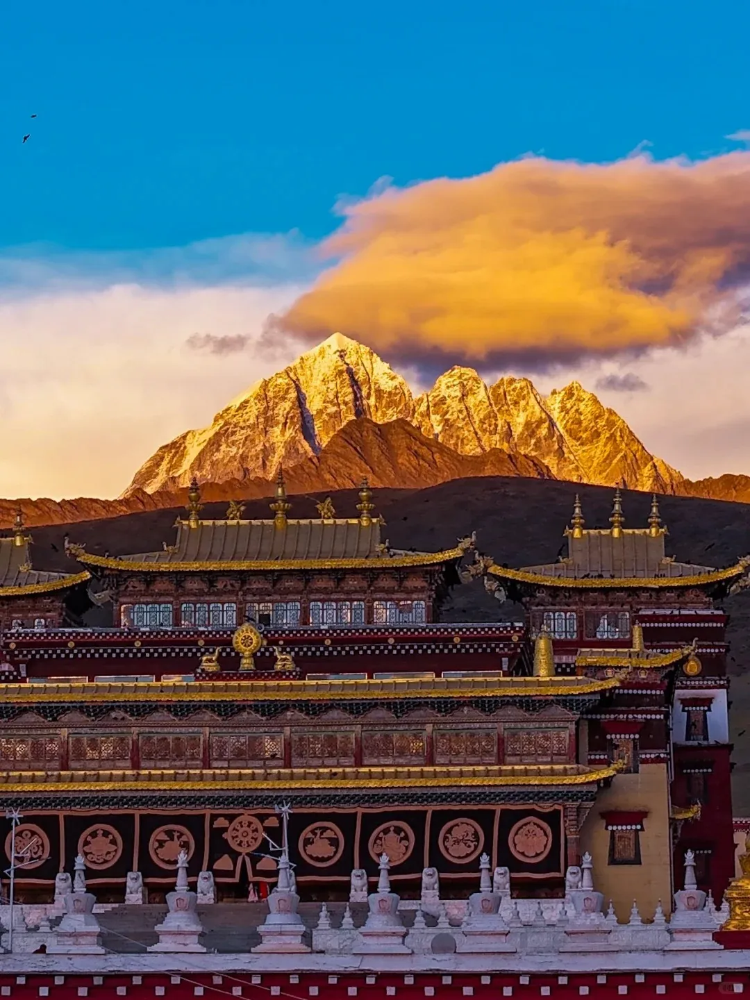 Lhagang Monastery in Tagong, Sichuan, featuring multi-tiered red walls, golden roofs, and a row of white stupas. Behind it, the snow-capped peaks of Yala Snow Mountain glow golden in the sunlight, under a blue sky with orange-hued clouds.