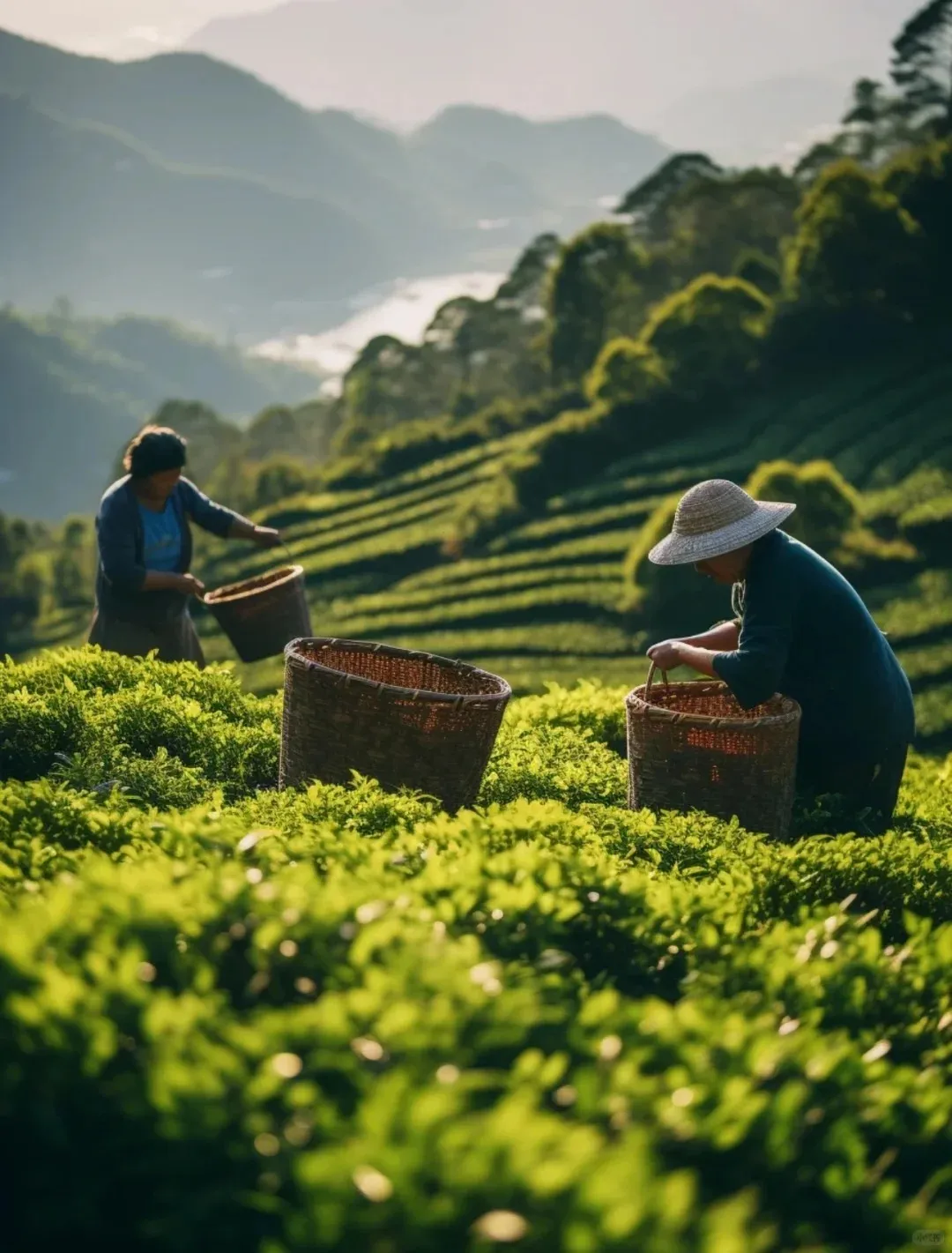 Two tea pickers, one wearing a straw hat, gather tea leaves into large woven baskets on a vibrant green terraced tea plantation. Rolling mountains and a river are visible in the sunlit background.