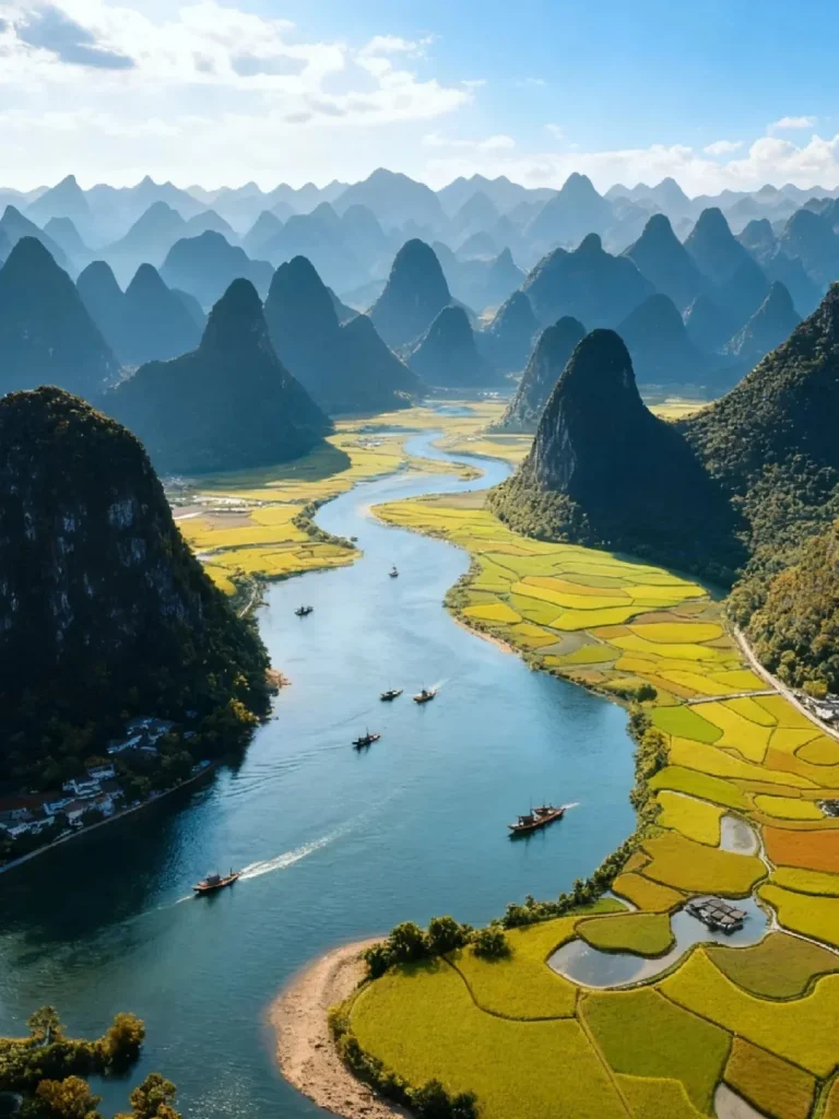 Aerial view of the winding Yulong River flowing through a valley, flanked by vibrant green and golden-yellow terraced rice paddies. Numerous dark green, conical limestone karst mountains rise steeply, receding into the hazy distance. Several small boats traverse the river, and small white buildings are visible on the riverbanks.