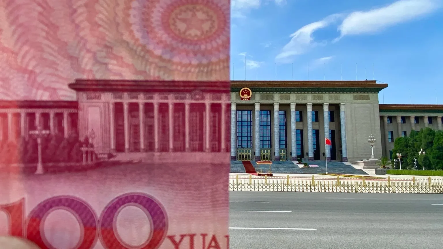 A split image showing the left half as a close-up of the Great Hall of the People depicted on a red Chinese 100 Yuan banknote, and the right half as a real-life view of the Great Hall of the People under a blue sky with clouds.
