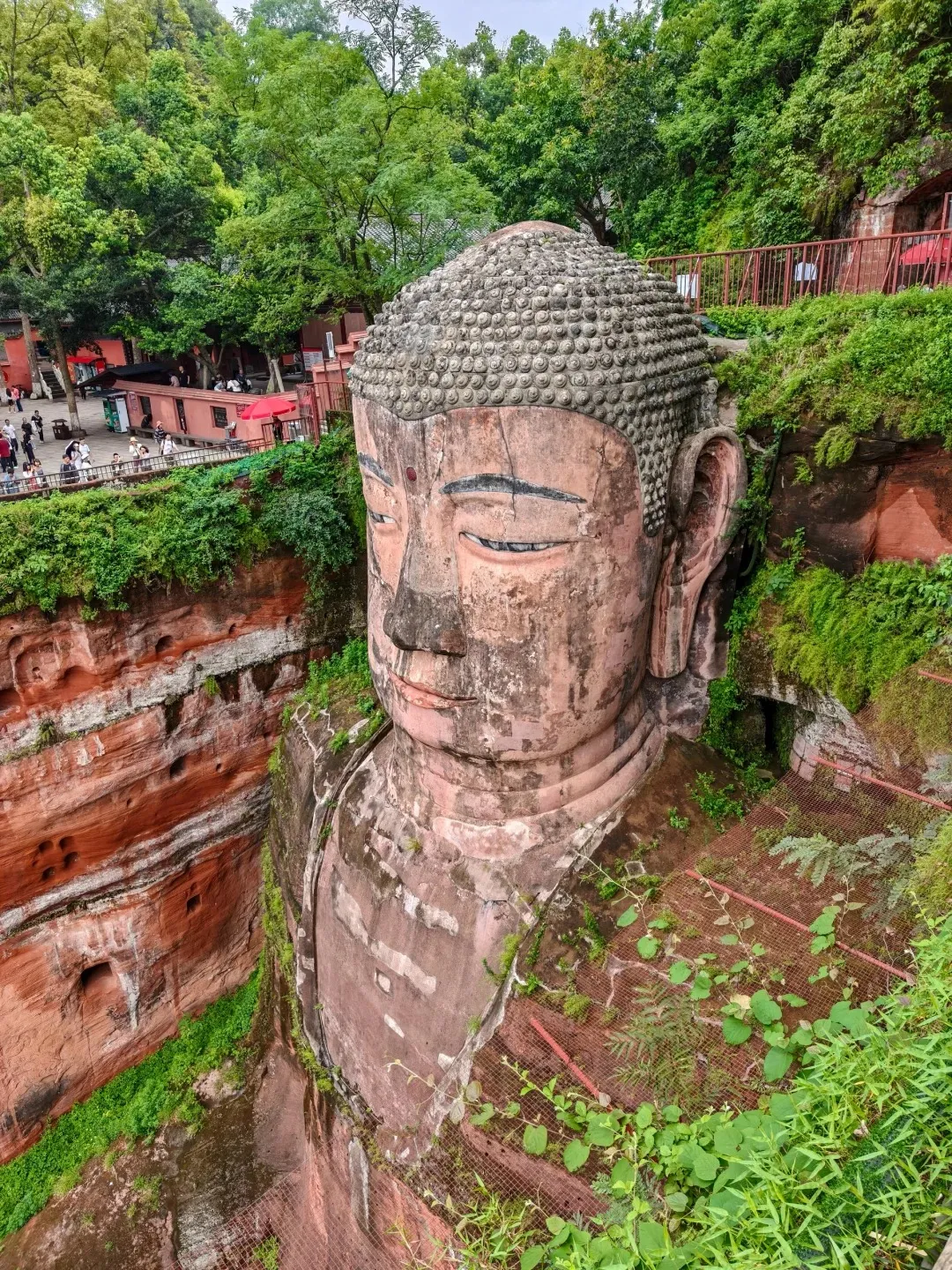 A colossal, weathered statue of the Buddha carved into a red sandstone cliff face, with lush green foliage growing around it. The Buddha's head and upper torso are visible, with its eyes closed in meditation. Below and to the left, the layers of the red cliff are exposed, revealing a stratified rock formation. In the background, a wooded hillside with some buildings and people can be seen.