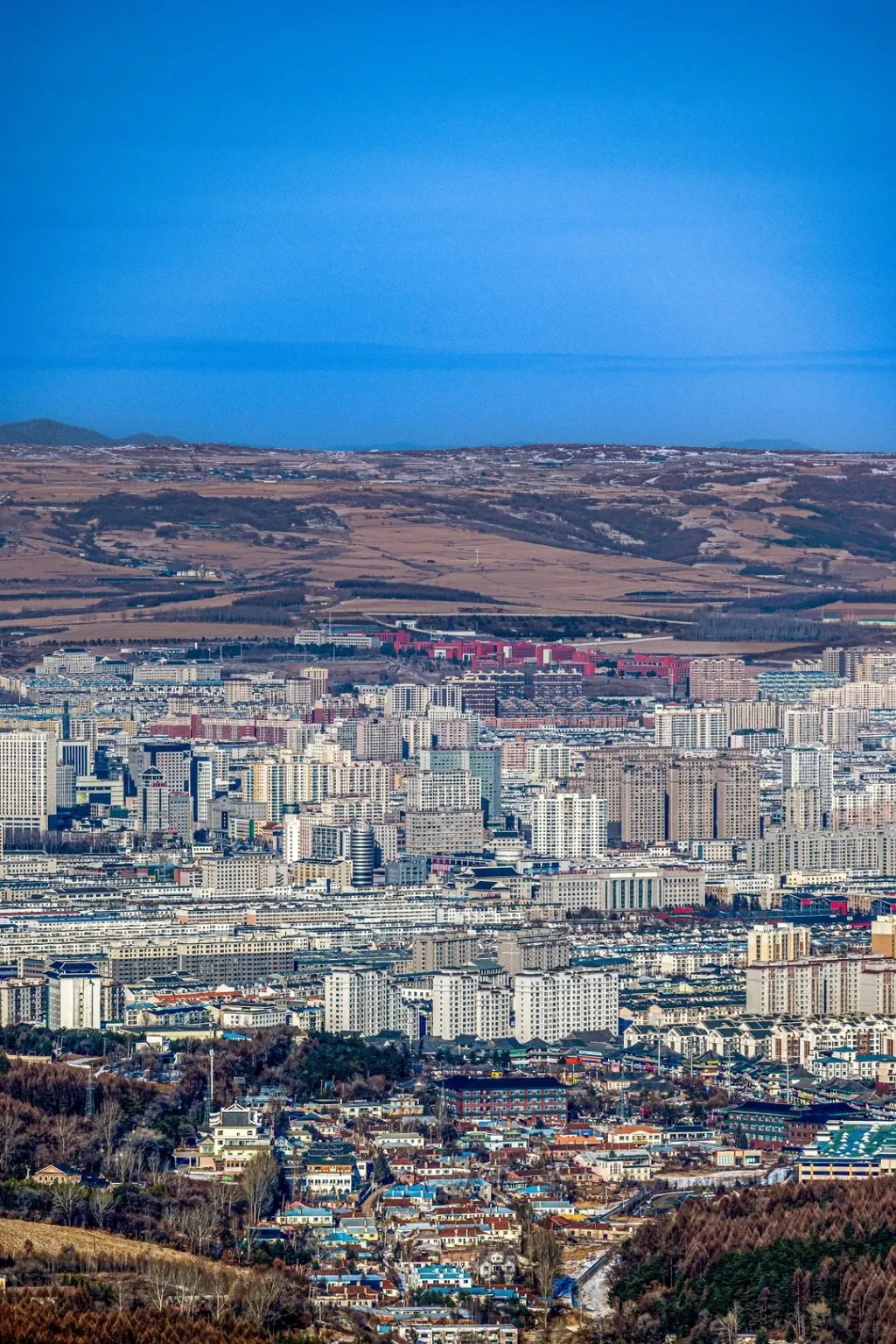 A high-angle panoramic view of Yanji city, showing a vast expanse of white and gray high-rise apartment buildings filling a valley. In the foreground are lower-rise homes and brown hillsides with sparse trees. Distant barren hills meet a clear blue sky on the horizon.