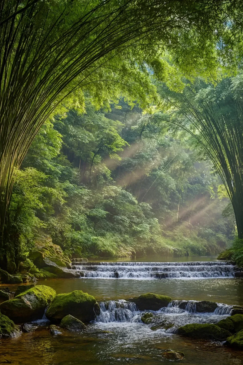 A serene river flows through a dense bamboo forest. Tall, arching bamboo stalks form a natural canopy overhead. The river features several small, stepped waterfalls and moss-covered rocks in the foreground. Beams of sunlight pierce through the distant misty foliage.