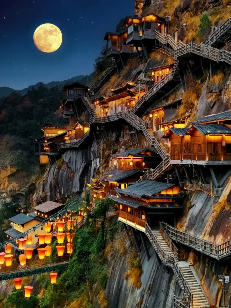 A nighttime view of a multi-tiered traditional Chinese village built into the side of a steep, rocky karst mountain. Numerous wooden buildings with illuminated windows and intricate dark roofs cling to the cliff face, connected by a network of wooden staircases and elevated walkways. Bright orange and yellow square lanterns are strung across a lower section, some appearing to float over lush green foliage. A large, bright yellow full moon is prominent in the dark blue sky above the mountain, with faint stars visible.