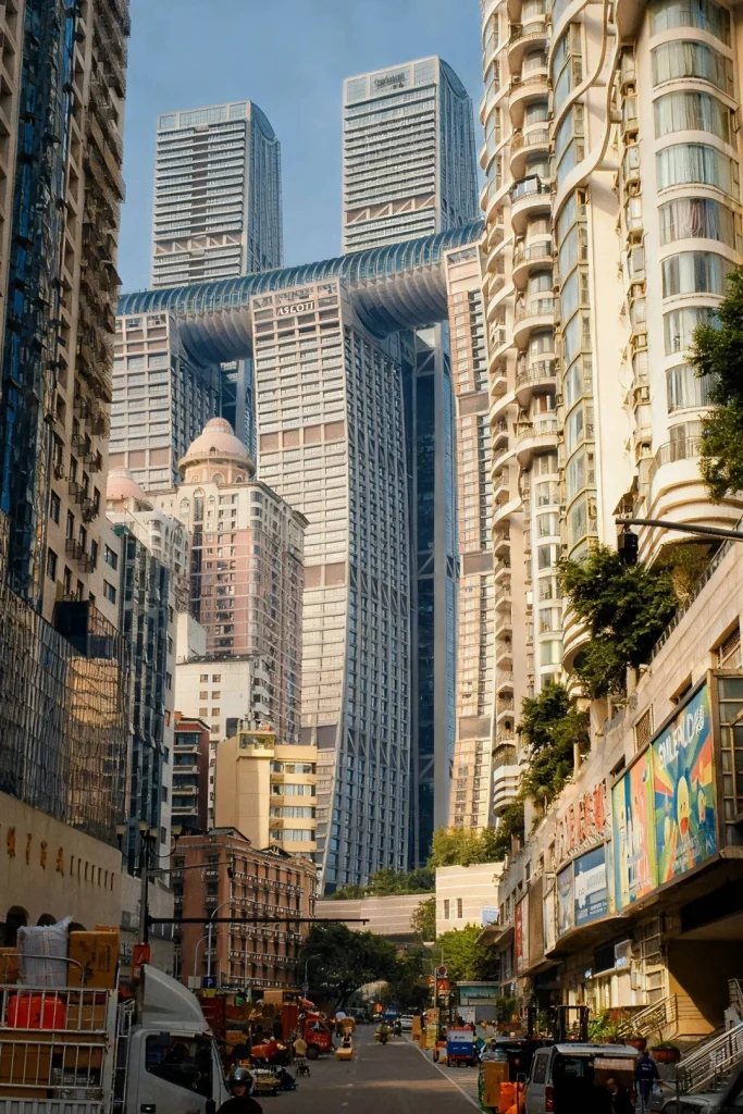 A view looking up a street in Chongqing, China, with towering, dense skyscrapers on either side. In the center background, two extremely tall skyscrapers are connected by a large, curved bridge-like structure containing windows and the word 'ASCOTT'. Below this bridge, another building with a dome-shaped roof is visible. The street below is filled with vehicles including trucks, cars, and motorcycles, and there are shops and signs along the sides.