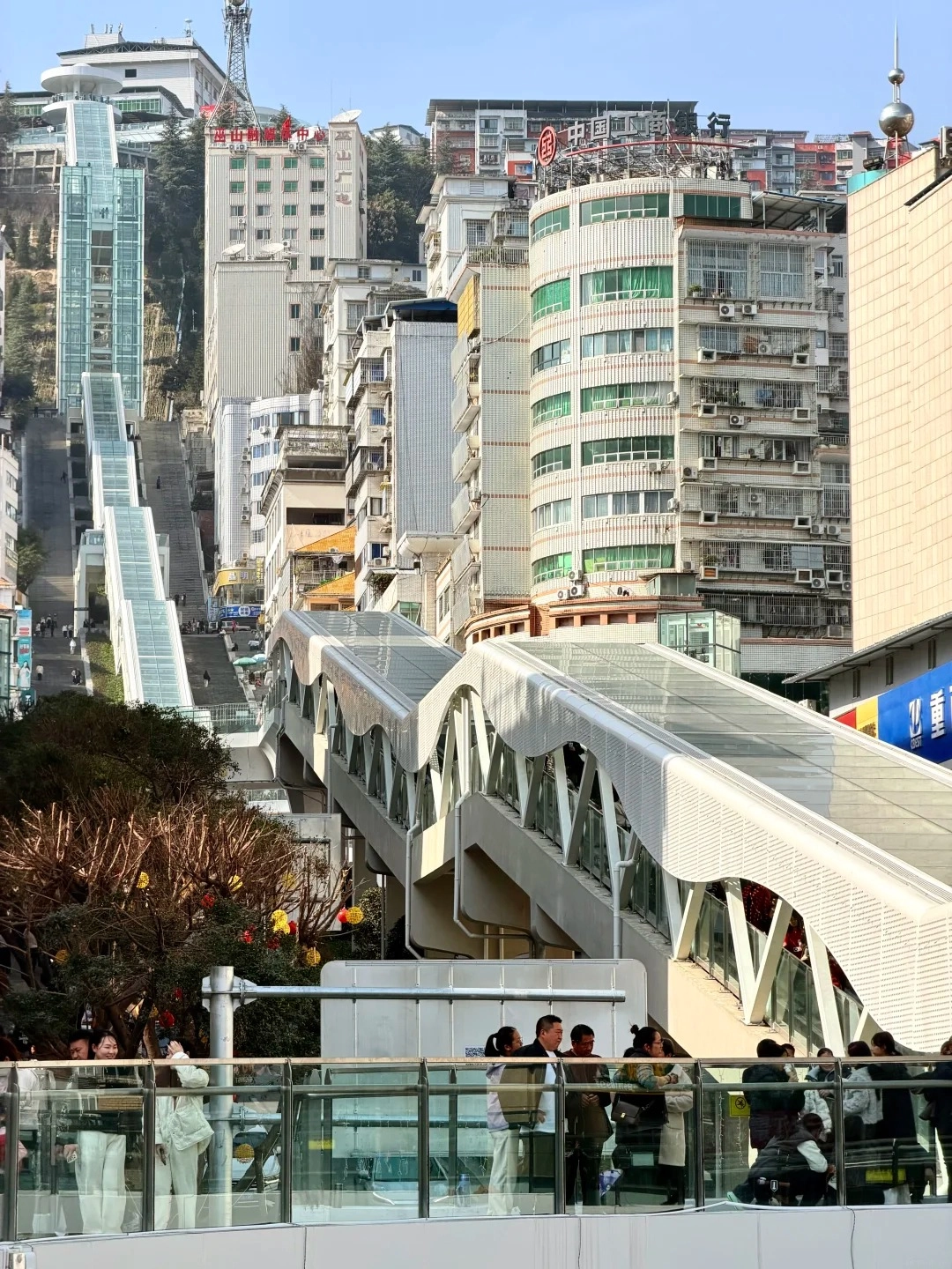 An outdoor escalator system winds its way down a very steep hillside amidst densely packed multi-story buildings in a city. The escalator is covered with a white metal roof and glass panels. People are visible on the escalator and on a walkway in the foreground, which also has glass barriers. Trees with sparse branches, some decorated with red and yellow lanterns, are also present on the hillside.