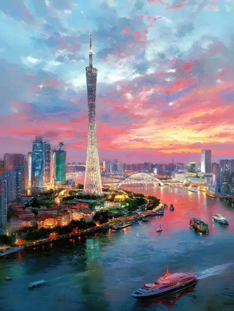 A vibrant, painterly sunset view of the Guangzhou skyline with the prominent Canton Tower in the foreground, illuminated by golden lights. The Pearl River flows in front of the city, reflecting the colorful sky and city lights. Several boats, including a large red and white passenger ferry, navigate the water.