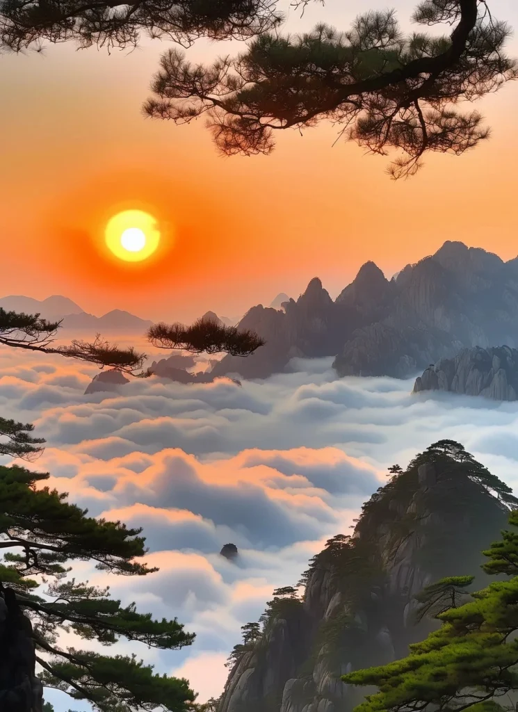 A vibrant orange sunrise illuminates a sea of fluffy white clouds that fill the valleys between jagged, misty granite mountain peaks. Pine trees with dark green needles are silhouetted in the foreground and scattered across the rocky slopes. The sun is a bright yellow-white disc in the upper left quadrant.
