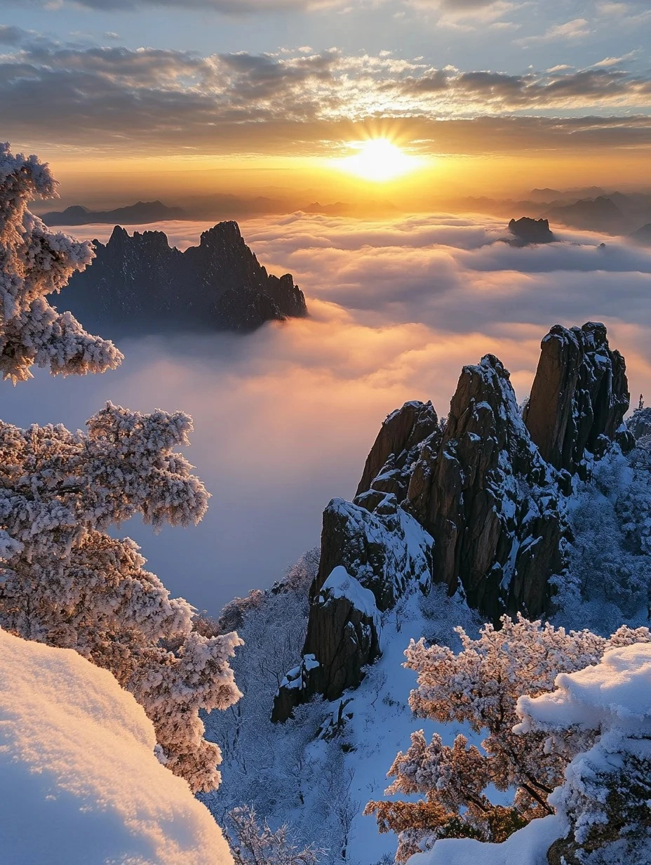 A majestic sunrise over a sea of clouds, with snow-covered jagged mountain peaks and frosted trees in the foreground.