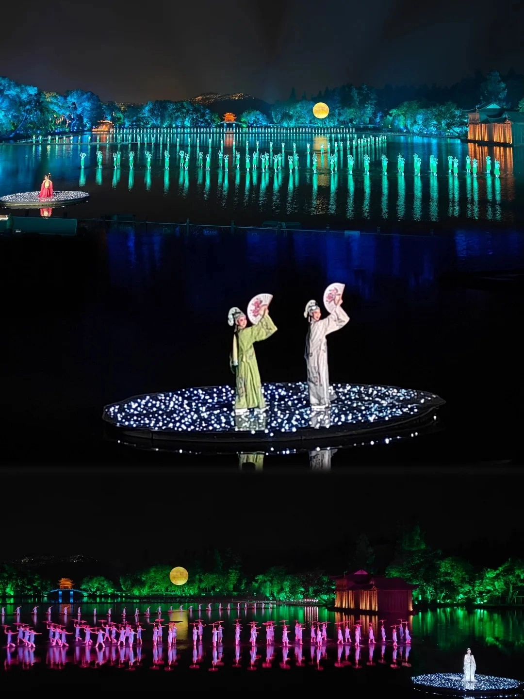 A triptych of a nighttime performance on a body of water. The top panel shows a large group of dancers in traditional costumes reflected in the water, with a bright moon in the sky and illuminated trees and buildings on the shore. The middle panel shows two dancers holding fans on a circular stage covered in lights. The bottom panel shows a large group of dancers performing on the water, with a bright moon and illuminated trees and buildings in the background. A single dancer is on a circular stage in the foreground.