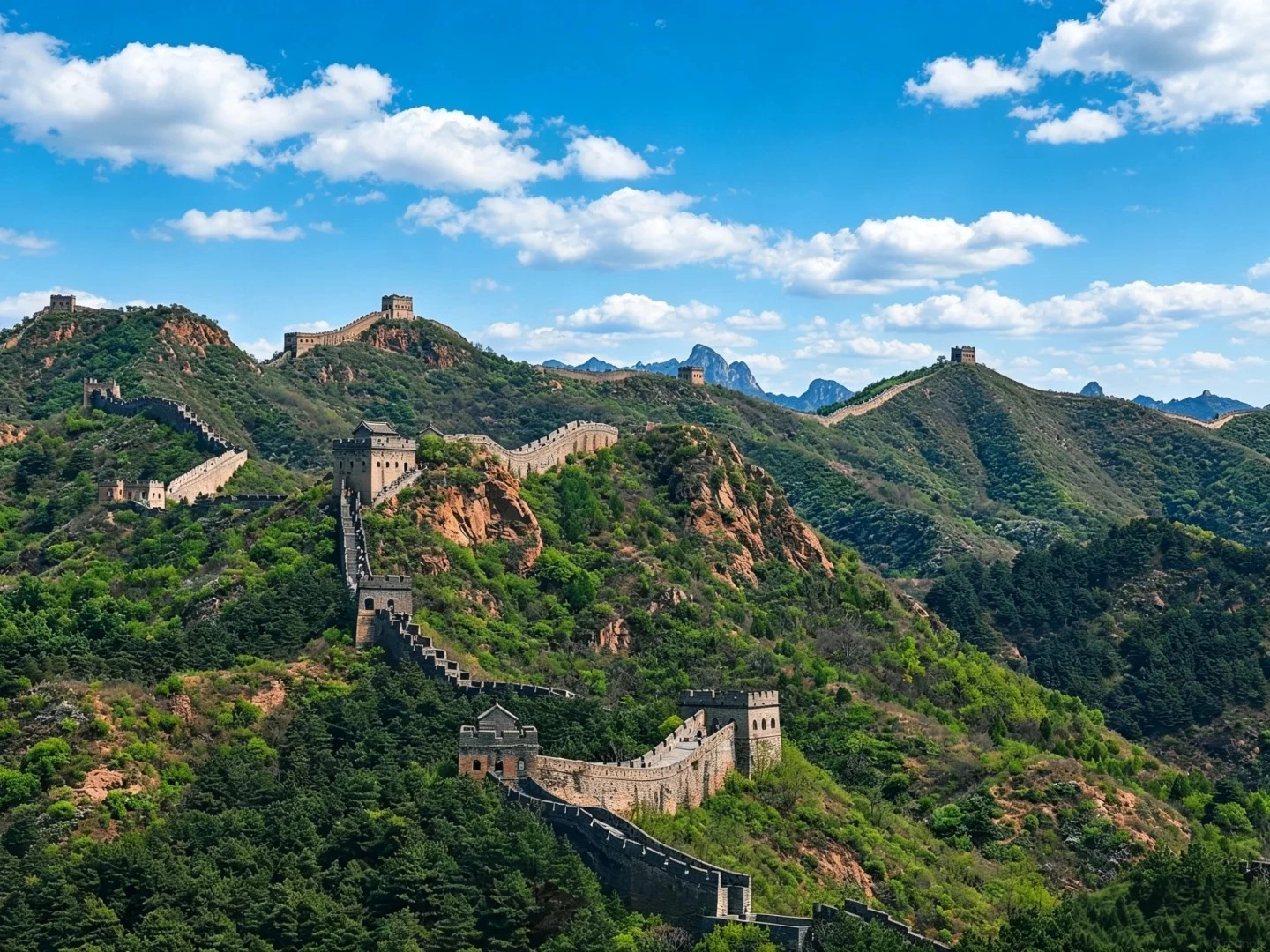 The Great Wall of China snakes across rolling, green, tree-covered mountains under a bright blue sky with scattered white clouds. Several watchtowers and fortified sections of the wall are visible along the ridges, some with steep staircases leading up to them.
