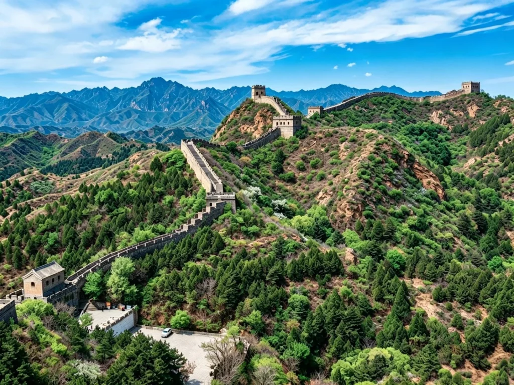 A panoramic view of the Great Wall of China at Jinshanling section, stretching over rolling green mountains under a blue sky with white clouds. Several stone watchtowers are visible along the wall, with dense green trees covering the slopes.