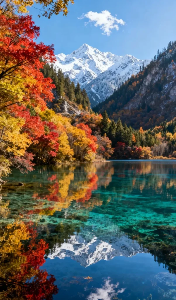 A clear, turquoise lake reflects snow-capped mountains, evergreen trees, and vibrant autumn foliage including red and yellow leaves, under a bright blue sky with scattered clouds.