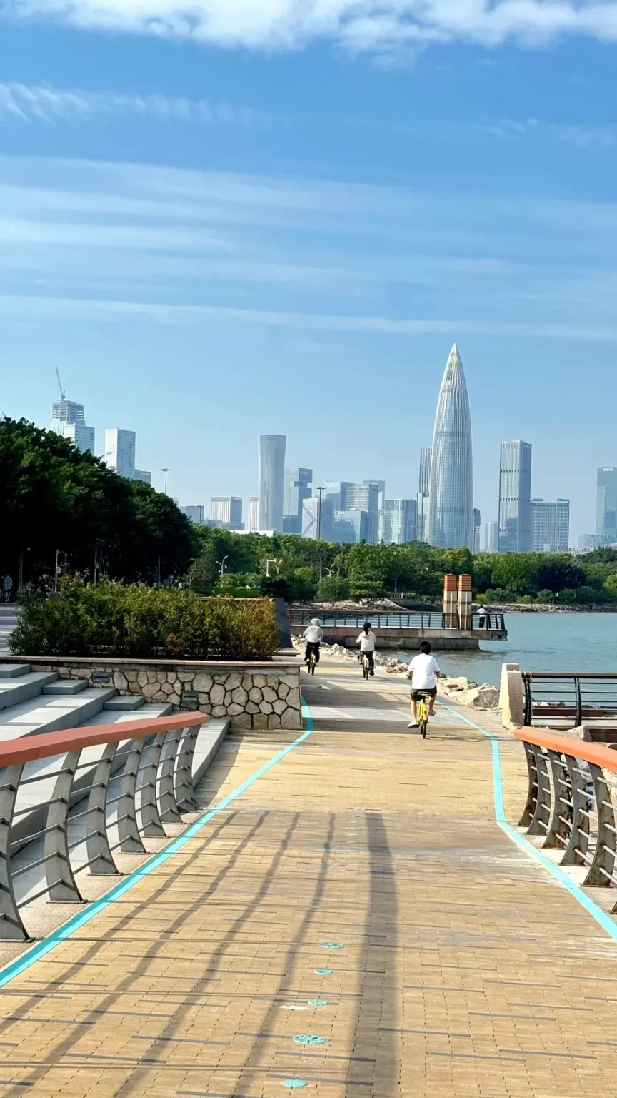 A paved wooden cycling path with blue lane markers curves toward a modern city skyline across a body of water. People are cycling on the path. On the left, there are stone steps and lush green bushes. On the right, there is a railing along the water. The sky is blue with wispy clouds.