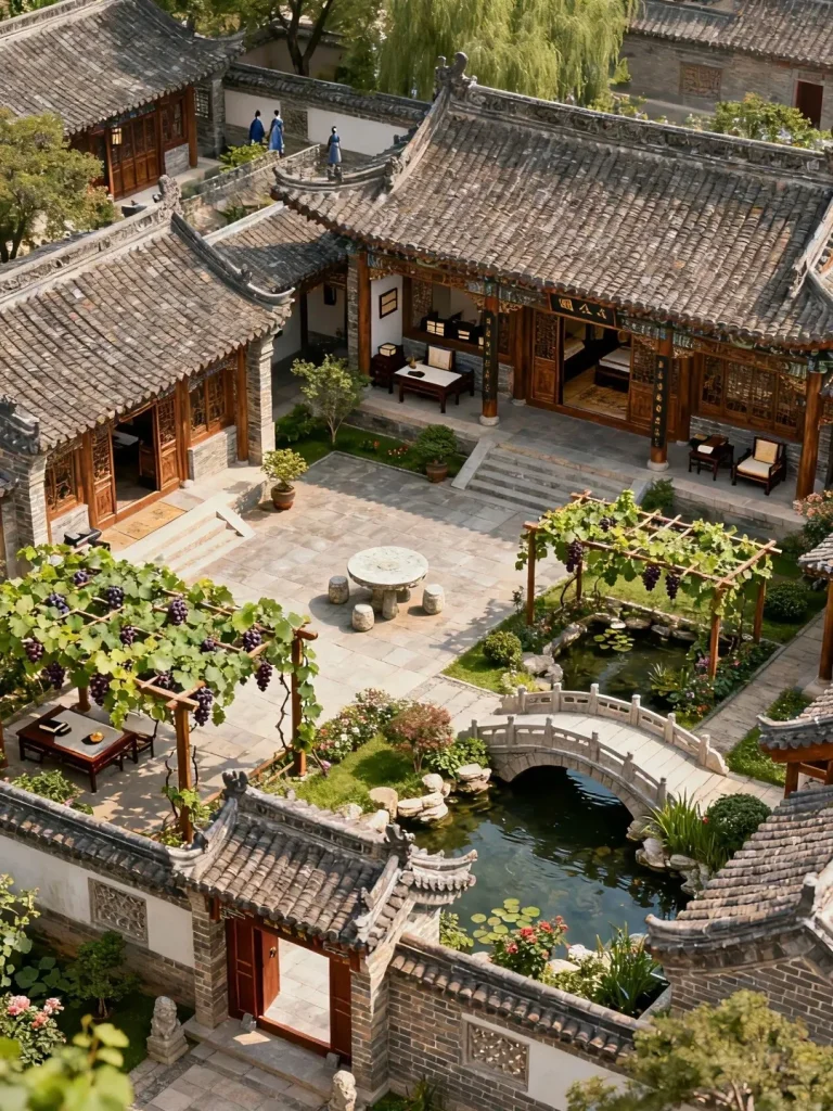 An aerial view of a traditional Chinese siheyuan courtyard. The courtyard features tiled roofs, wooden architecture, a central paved area, lush greenery, grapevines laden with purple grapes, a koi pond with a stone bridge, and decorative stonework.
