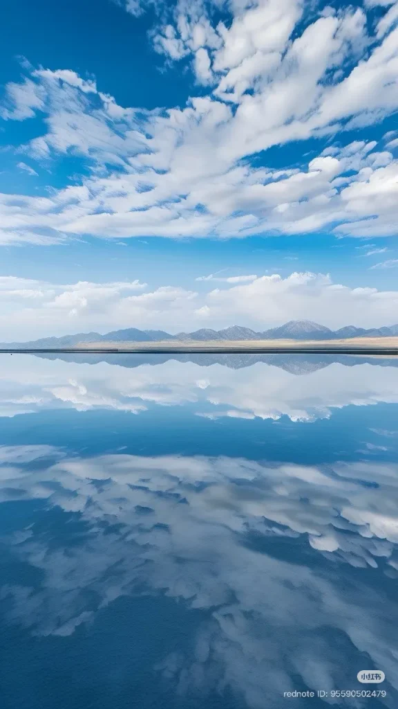A perfectly still salt lake creates a mirror-like reflection of a vast blue sky filled with white clouds, and a distant, flat horizon line with snow-capped mountains.