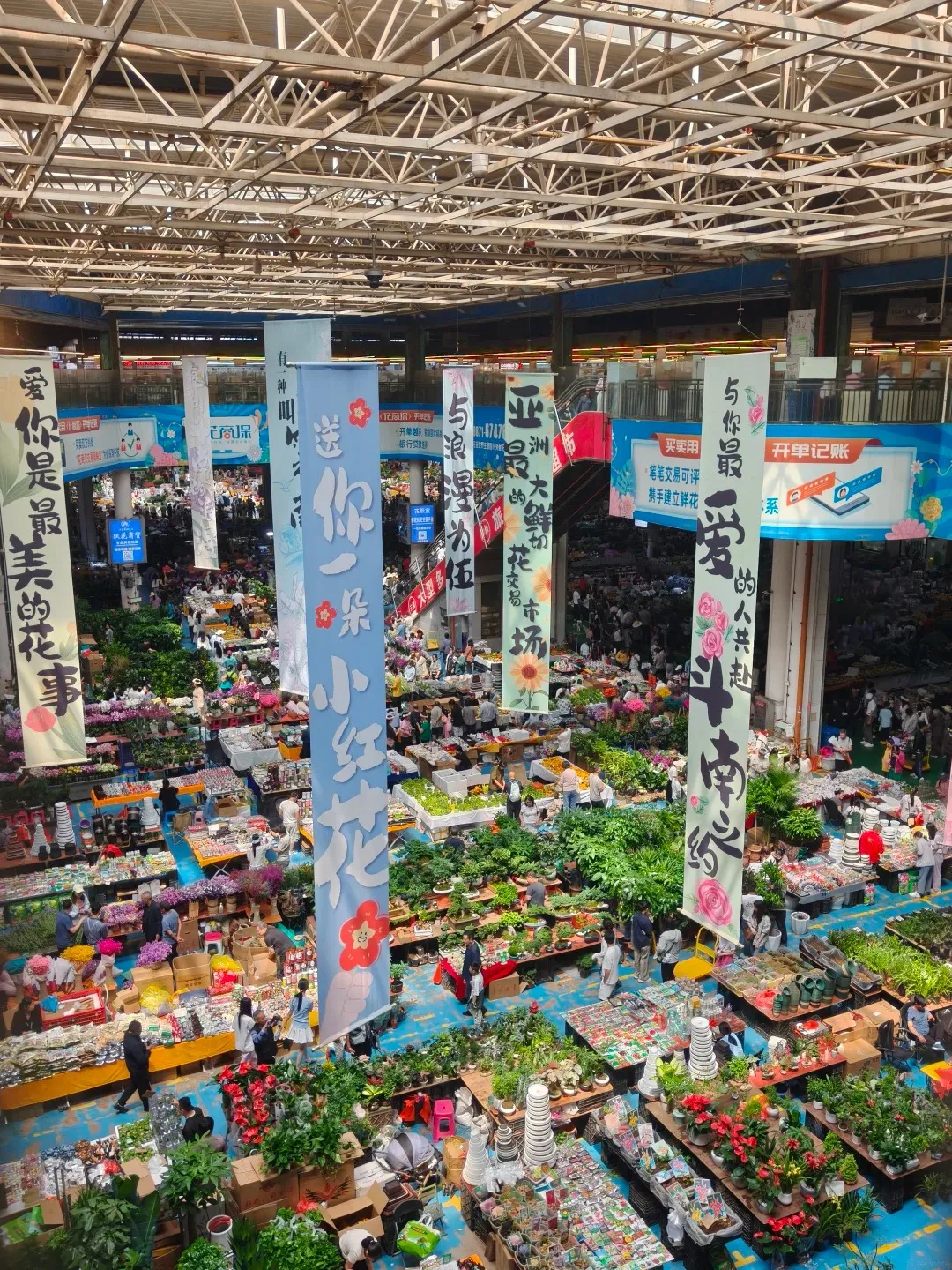 An aerial view of a bustling indoor flower market, showing rows of stalls filled with a vast array of potted plants and flowers. Large vertical banners with Chinese calligraphy hang from the ceiling. People are browsing and shopping at the market, with colorful displays of flora spread throughout the space.