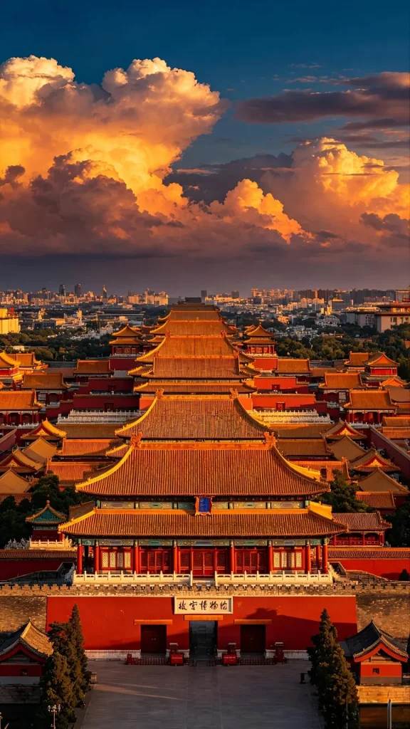 An aerial, eye-level view of the vast Forbidden City in Beijing at sunset. The image is dominated by the expansive, orange-tiled roofs of the palace complex, arranged in a symmetrical pattern along the Beijing Central Axis. In the foreground, a prominent red wall with a white sign featuring Chinese characters is visible, with ornate doorways and pillars. Behind the Forbidden City, a cityscape with modern buildings stretches towards the horizon. The sky above is filled with dramatic, fiery orange and yellow clouds, illuminated by the setting sun, with patches of dark, stormy clouds and a deep blue sky visible.
