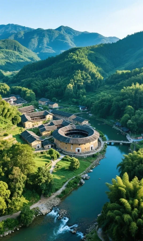 An aerial view of a traditional circular Fujian Tulou village with several other rectangular earthen buildings, situated along a winding river in a lush green valley with terraced hillsides and bamboo forests, backed by rolling, mist-covered mountains.