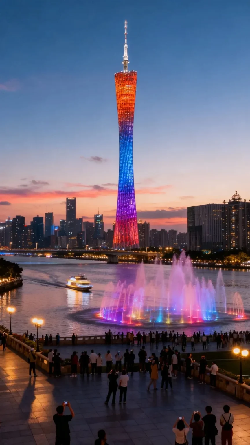 The Canton Tower illuminated with red, purple, and blue lights stands tall against a twilight sky. Below, the Pearl River flows, featuring a vibrant, colorful water fountain show. A boat cruises on the river, and a pedestrian walkway lined with lampposts is filled with people observing the scene. The Guangzhou skyline is visible in the background.