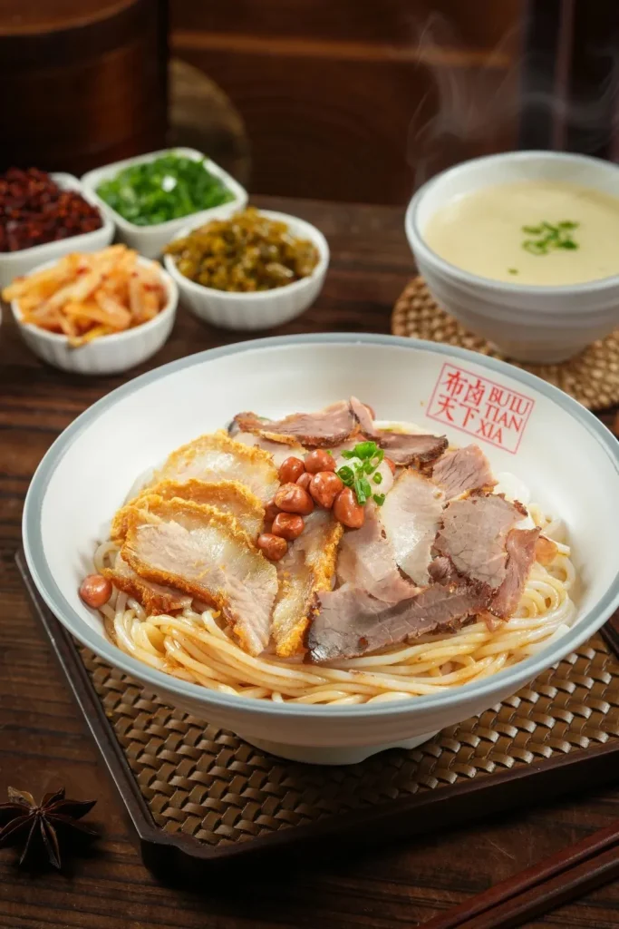 A large white bowl filled with Guilin rice noodles topped with slices of roasted pork belly, pan-fried pork belly, and peanuts. A side bowl of creamy soup and small bowls of condiments like chili flakes, chopped green onions, and pickled vegetables are visible in the background.