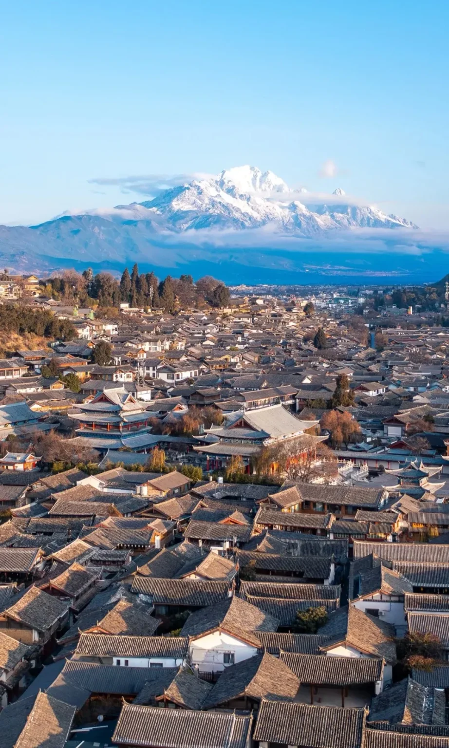 An expansive aerial view of Lijiang Old Town, featuring numerous traditional Chinese buildings with grey tiled roofs. In the background, a snow-capped mountain range is visible beneath a bright blue sky with scattered clouds.