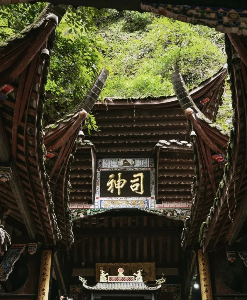 View looking up through the eaves of a traditional wooden Chinese temple towards a steep, densely forested mountainside. Golden Chinese characters are inscribed on a dark plaque above the temple entrance. Bells hang from the wooden eaves.