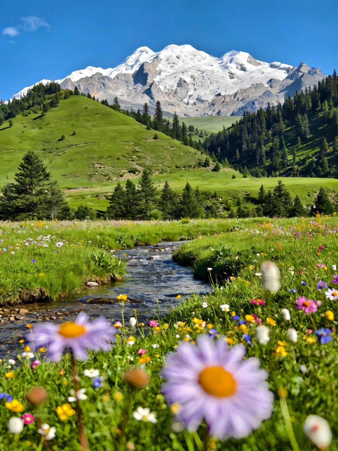 A vibrant alpine meadow filled with colorful wildflowers in the foreground, with a clear stream flowing through it. In the background, rolling green hills lead up to a majestic, snow-capped mountain under a bright blue sky.